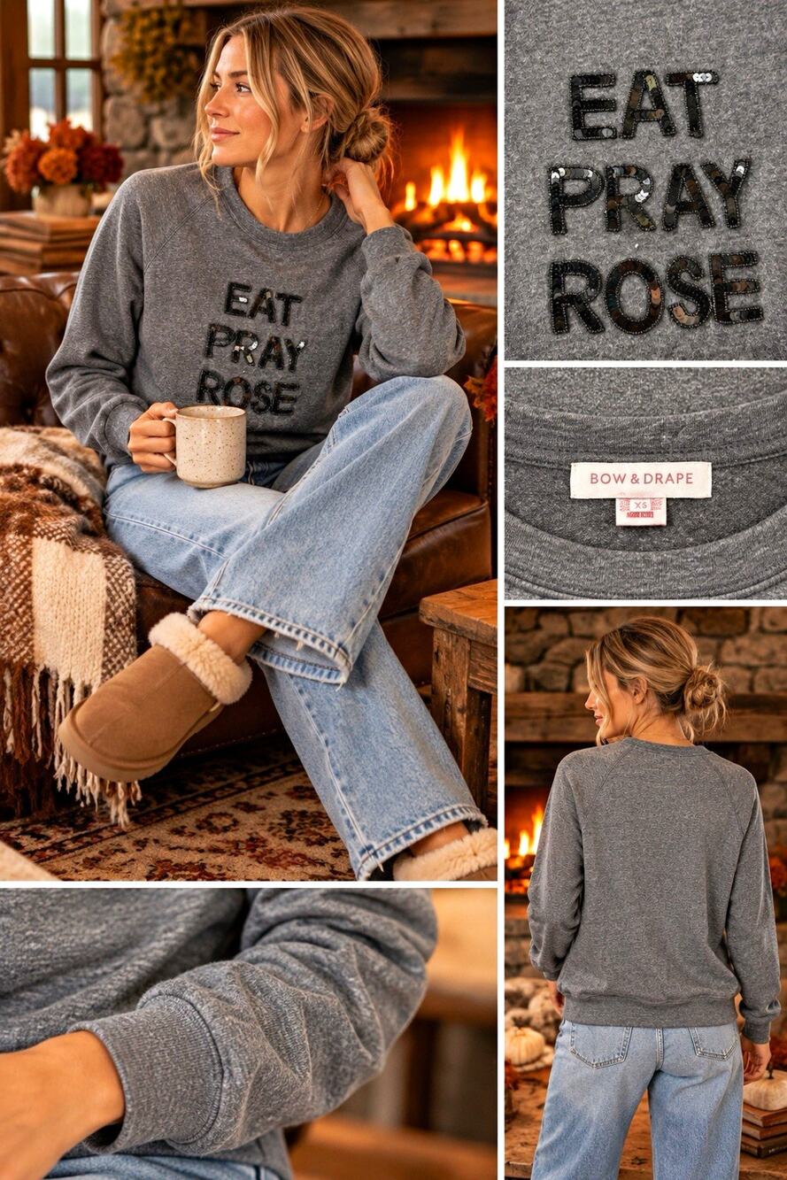 Bow & Drape Womens Gray Fleece Crewneck Sweatshirt M Eat Pray Rose Sequin